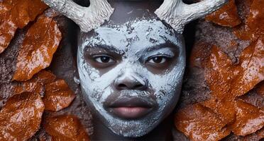 A portrait of a person with face paint and antlers surrounded by leaves photo