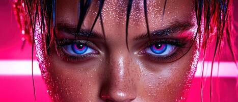 Close up of a womans face with wet skin and striking blue eyes photo