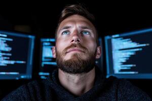 Man looking up at computer screens with code photo
