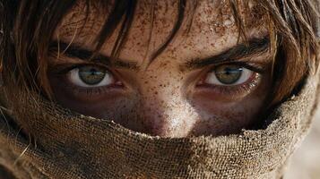 Intense eyes of a person covered in cloth photo