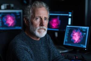 Senior scientist working with computer models in a dark lab photo