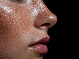 Close up of a womans face with freckles and dewy skin photo