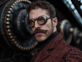Man with goggles and mustache in a steampunk setting photo