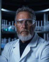 Scientist in lab coat and safety glasses in a laboratory photo