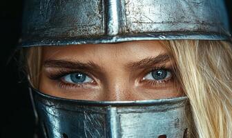 Close up of a womans face wearing a helmet photo