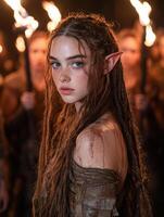 An elf maiden with a scar on her shoulder stands in front of a crowd holding torches photo