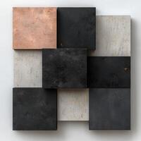 Abstract arrangement of textured square blocks in neutral tones photo