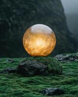 Glowing orb resting on a mossy rock in a misty landscape photo