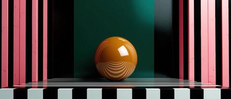 Abstract sphere on a striped platform with colorful background photo