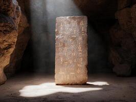 Ancient stone tablet with hieroglyphs in a cave illuminated by sunlight photo