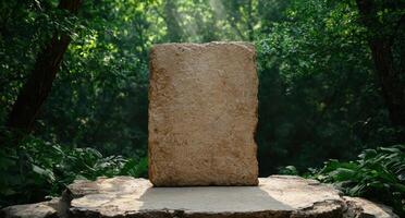 A stone slab stands on a rock platform in a lush green forest photo