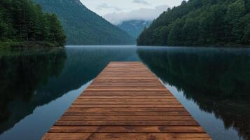 Wooden dock on a calm lake surrounded by mountains and forest photo
