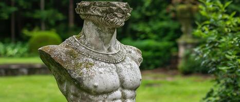 A weathered torso statue stands in a garden photo