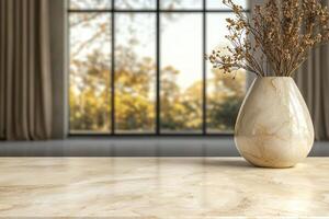 Elegant vase with dried flowers on a marble table in front of a window photo