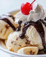 A delicious banana split with vanilla ice cream, chocolate sauce, whipped cream, and a cherry on top photo