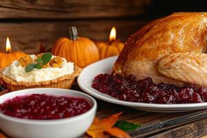 A Thanksgiving feast with turkey, cranberry sauce, and pumpkin pie photo