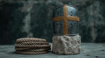 A crusader helmet sits on a rock next to a coil of rope photo
