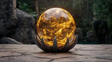 Glowing orb resting on a stone surface in a lush environment photo