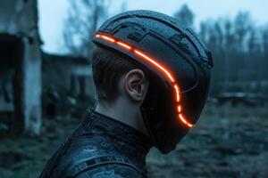 A person wearing a futuristic helmet with glowing red lights photo