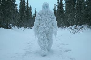 A mysterious ice creature walks through a snowy forest photo