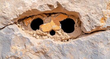 A rock formation with holes resembling a skull photo