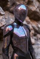 Futuristic astronaut suit with iridescent helmet photo