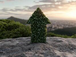 Green arrow pointing up on a rock, surrounded by nature photo