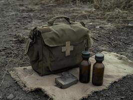 Vintage first aid kit with medicine bottles on a burlap sack in a desolate environment photo