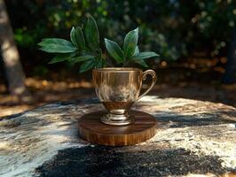 Golden trophy cup with leaves on a wooden surface in a forest setting photo