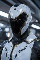 Futuristic astronaut in white and black space suit with gold trim photo