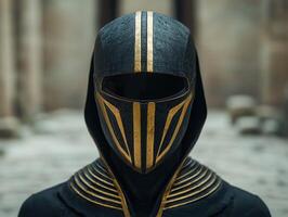 A hooded figure with a black and gold mask stands in front of an ancient building photo