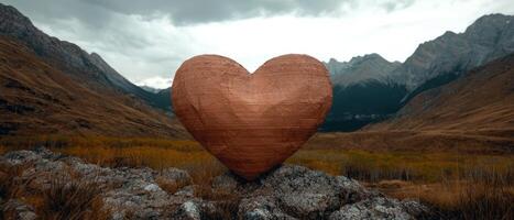 A large heart shaped rock sits on a rocky outcrop in a mountainous landscape photo