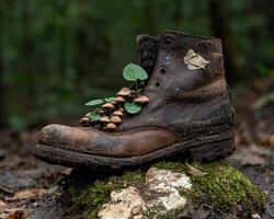 Old boot with mushrooms growing out of it in a forest setting photo