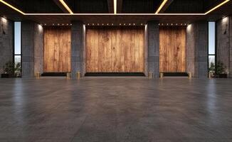 Modern lobby interior with concrete pillars and wood paneling photo