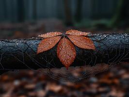 Autumn leaf covered in water droplets on a branch with spiderwebs photo