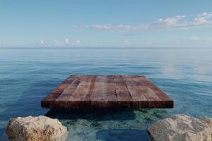 Wooden platform on a tropical ocean with rocks photo