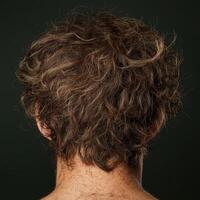 Close up of the back of a mans head with brown curly hair photo