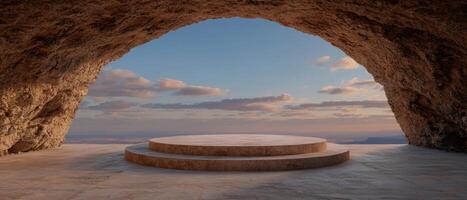 A stone platform in a cave with a view of the sky photo
