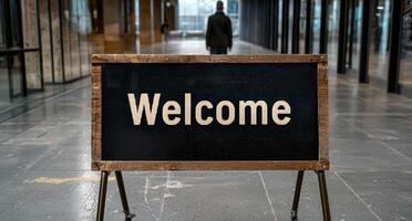 A welcome sign in a modern lobby with a person walking in the background photo