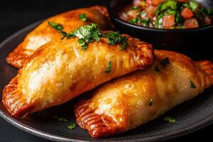 Golden brown empanadas on a plate with salsa photo