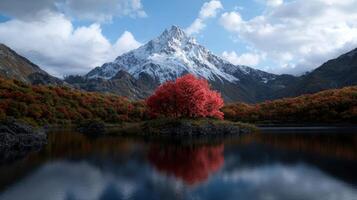 Scenic mountain lake with vibrant red tree in autumn photo