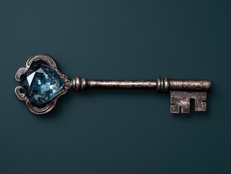 An ornate antique key with a blue gemstone photo
