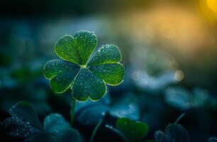 A leaf with four points is surrounded by other leaves. The leaf is wet and has a shiny appearance. Green clover in nature. Lucky shamrock leaf. Spring flora. Fresh glass in the garden. Patrick's Day photo