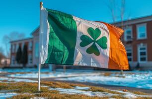 A green, white, and orange flag with a four-leaf clover on it is standing in the snow. Ireland flag with green clover. Patrick's Day symbol of shamrock. Lucky country flag. Street background photo