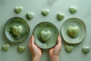Three plates with green hearts on them are being held by two people. The plates are arranged in a way that they look like they are holding a heart. Patrick's Day cookies photo