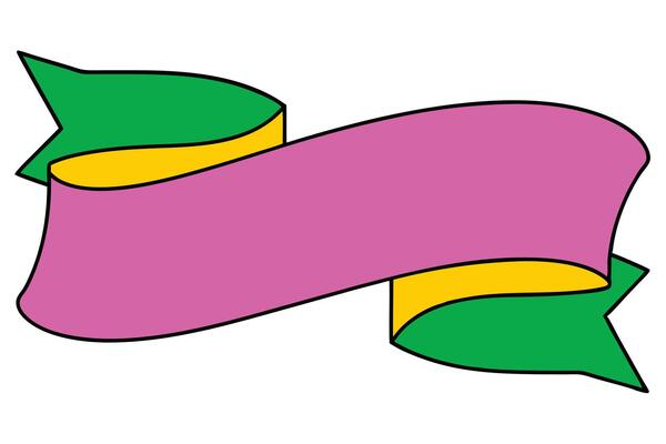 A stylized ribbon banner with pink, yellow, and green sections. Its curved and has a playful design, ideal for adding text or a message.