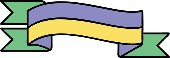 A stylized illustration of a curved ribbon banner with purple, yellow, and green sections. Its a decorative element suitable for various designs. vector