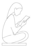 Woman Reading Book, Line Art, Simple Illustration, Black and White, Minimalist Style, Seated Pose, C vector