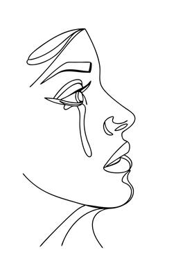 Elegant Line Art Womans Face, Crying, Single Line Drawing, Minimalist Portrait, Modern Art, Abstract