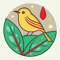 Yellow Bird on Green Leaves, Minimalist Nature Art Design vector